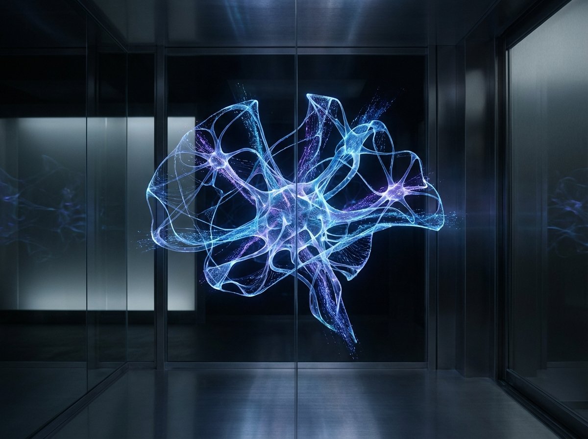 Abstract representation of artificial intelligence neural networks, glowing blue and violet data streams, futuristic technology concept, cinematic lighting, 4:3