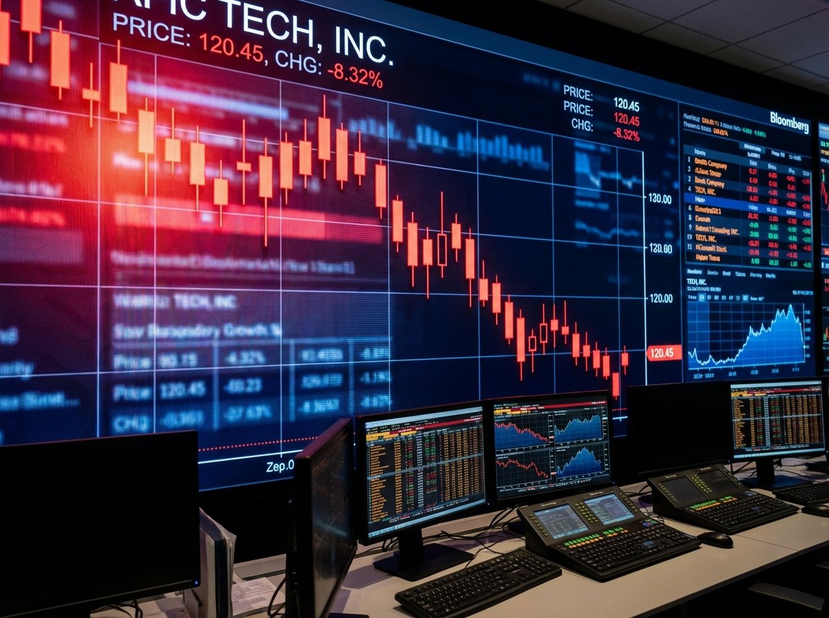 Financial stock market chart showing a downward trend with red candles, digital screen background, high contrast, professional trading style, 4:3