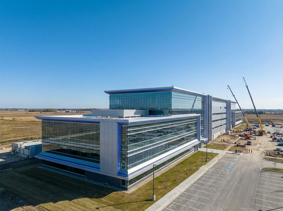 A wide-angle exterior view of a massive, modern data center complex in a flat landscape of Mount Pleasant, Wisconsin. The architecture is sleek and high-tech with silver and blue accents. Some construction activity is visible in the background under a clear blue sky. Professional architectural photography style. 4:3