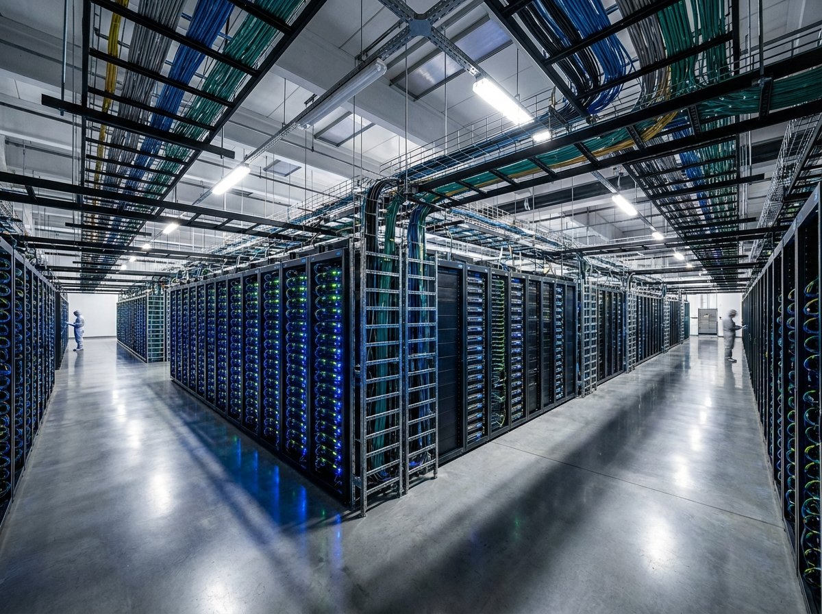 Inside a high-tech data center showing rows of server racks with glowing blue and green LED lights. Fiber optic cables are neatly organized. The perspective shows the scale of the facility. Clean, high-contrast industrial interior lighting. 4:3