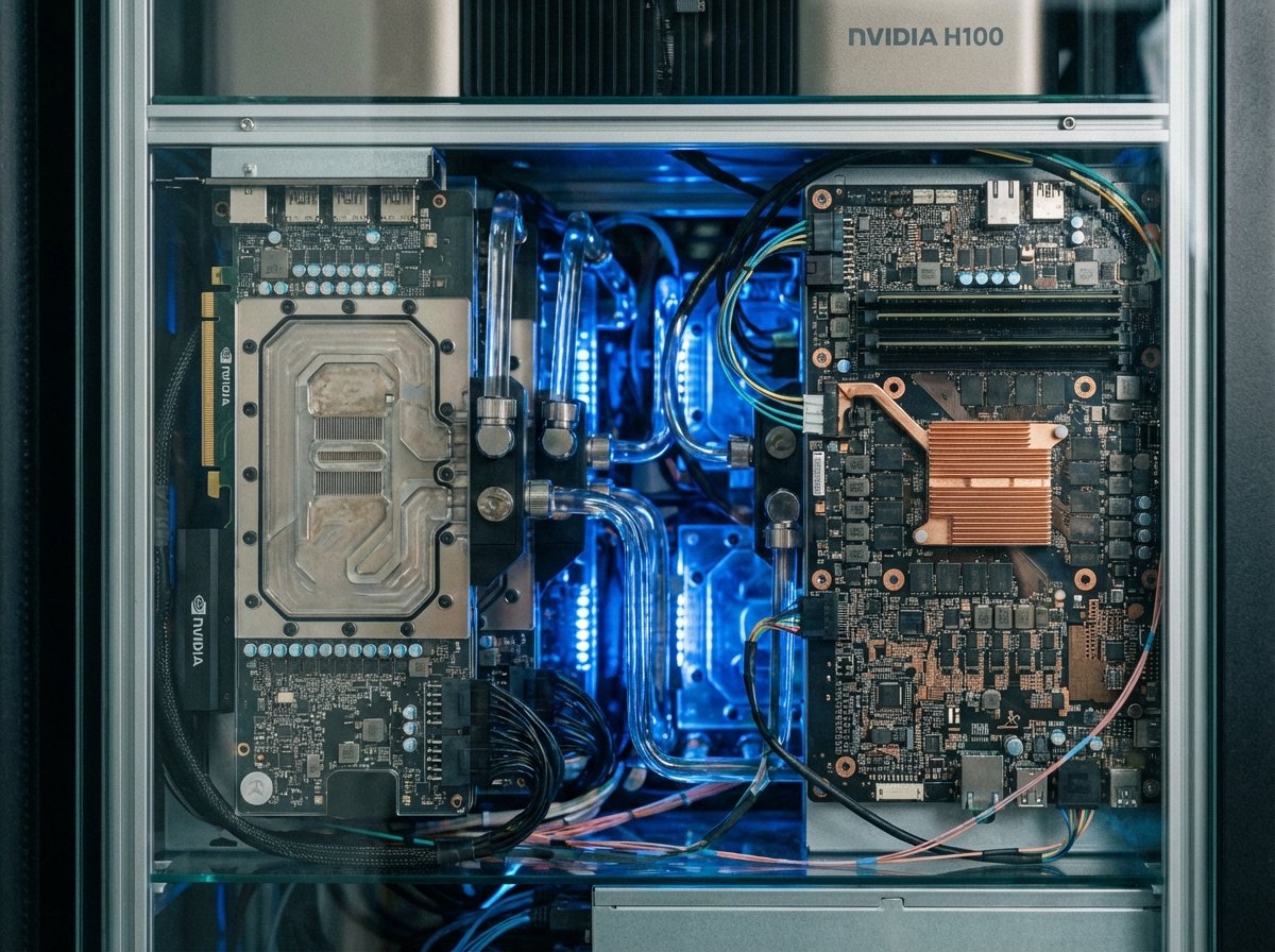 Close-up of modern AI server hardware featuring advanced GPU cooling systems and intricate circuit boards. Hints of high-performance computing components are visible. Blue atmospheric lighting highlighting the tech aesthetic. 4:3