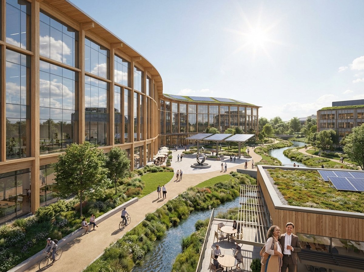 A professional and clean architectural rendering of a corporate technology campus surrounded by green spaces and walking paths. The building has large glass windows reflecting the sky. Friendly, sunny atmosphere representing community integration. 4:3