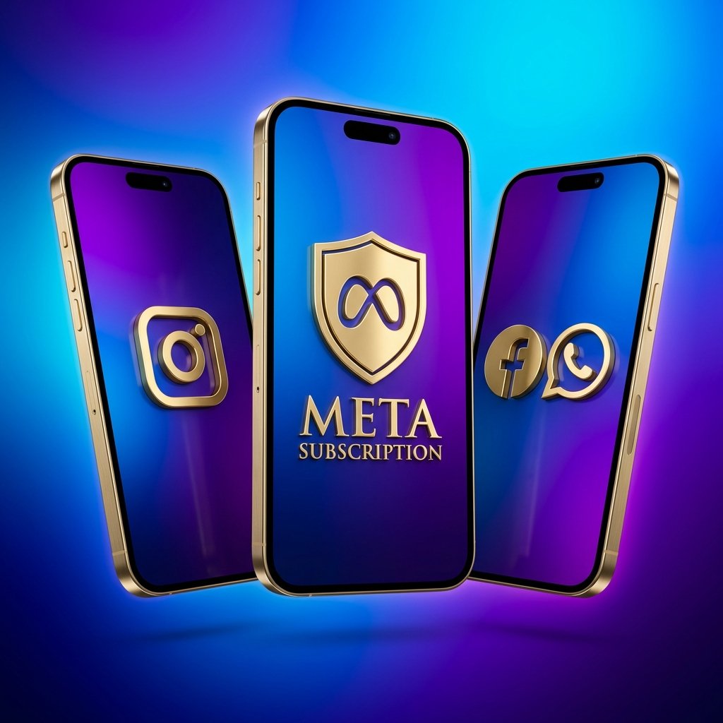 A sleek and modern 3D rendering of smartphone screens showing Instagram, Facebook, and WhatsApp logos with a premium gold "Meta Subscription" badge. The background is a vibrant gradient of blue and purple. High-quality digital art style, 1:1 aspect ratio.