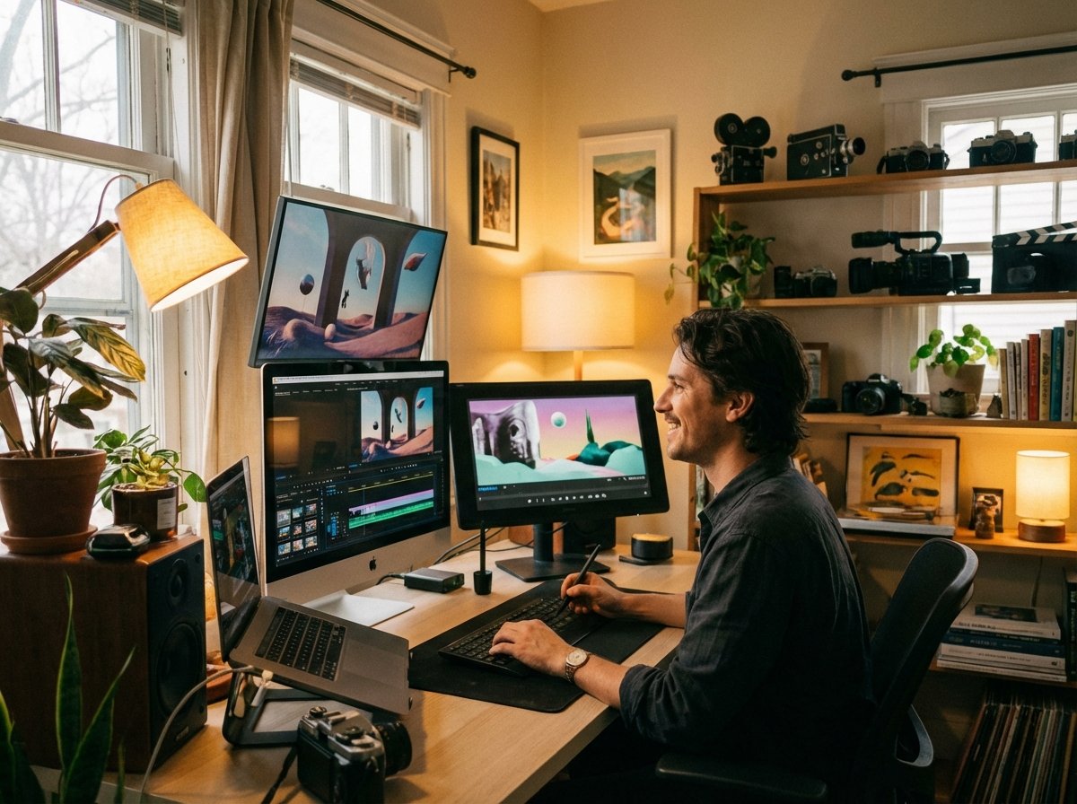 A creative professional working with multiple screens editing AI-generated video content in a cozy home studio. Warm lighting, professional camera equipment in the background. Lifestyle photography, 4:3 aspect ratio.