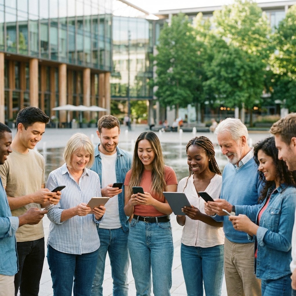 A group of diverse people looking at their smartphones and tablets in a bright, modern public plaza. Soft bokeh background, clean and positive atmosphere. Realistic photography, 1:1 aspect ratio.