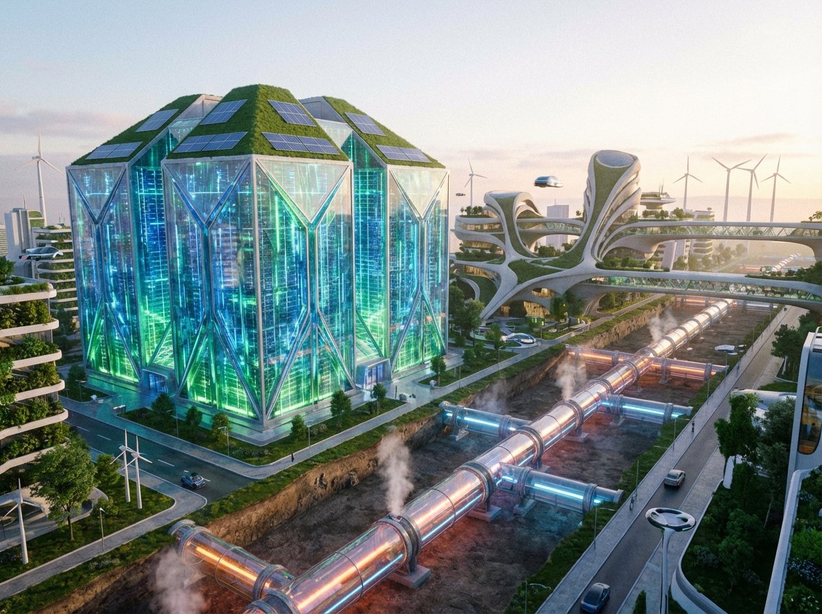 A high-tech AI data center located next to a modern university campus with visible underground glowing heat pipes connecting them, futuristic sustainable city environment, soft morning light, 4:3