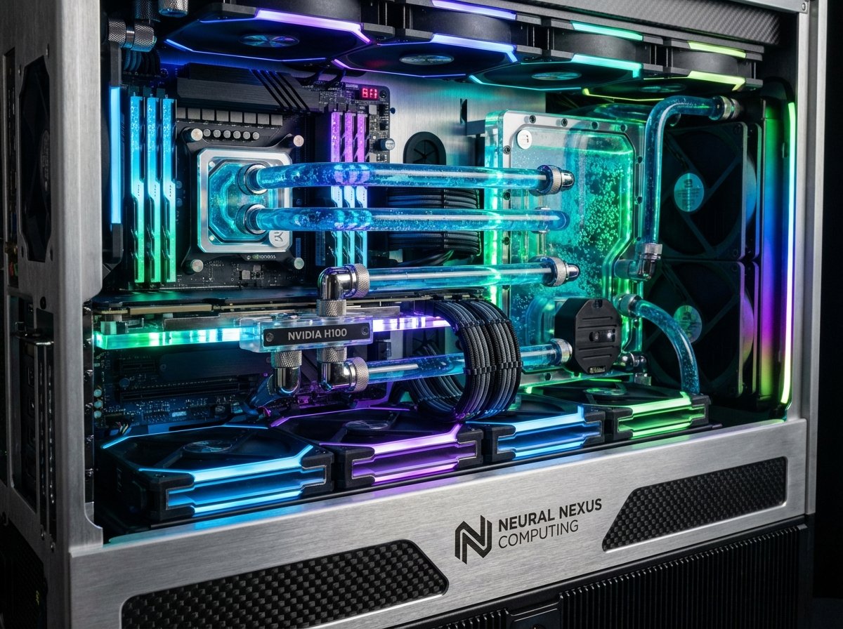 Close up of a high-end AI server rack with advanced liquid cooling tubes flowing with coolant, glowing LEDs, sleek industrial design, macro photography, 4:3