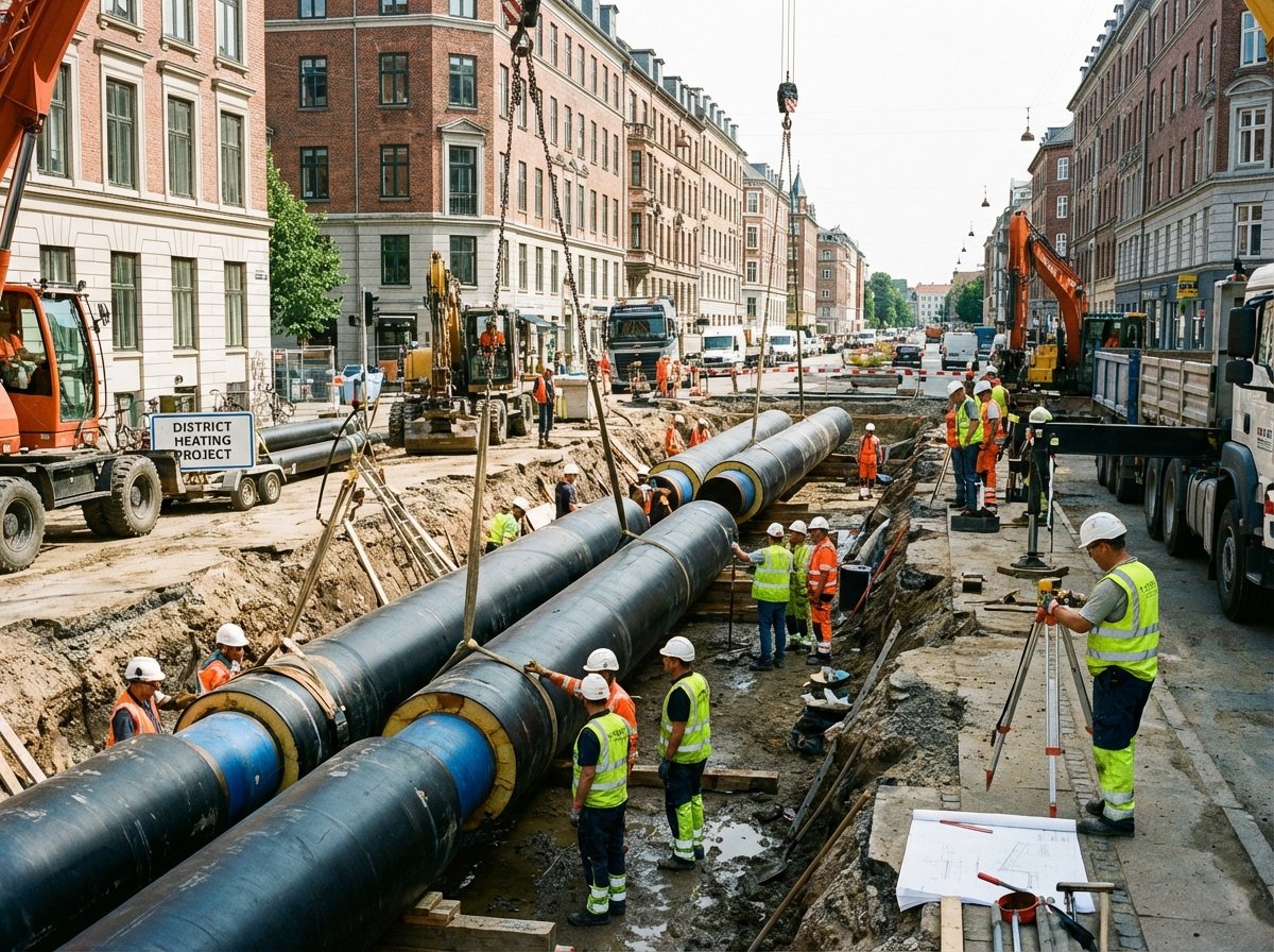 Construction site showing large insulated district heating pipes being laid under a city street, professional engineering context, bright daylight, realistic style, 4:3