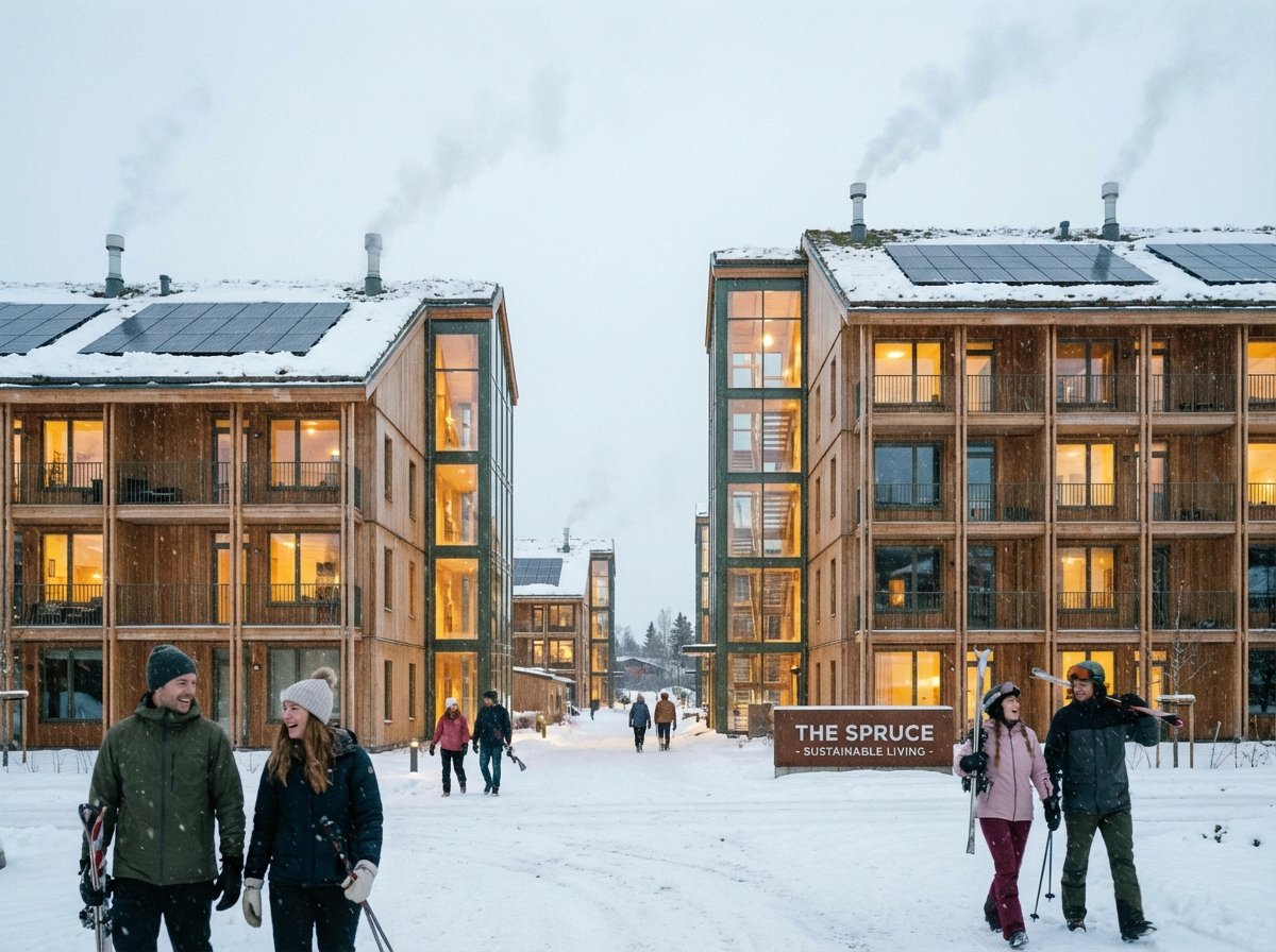 A modern eco-friendly apartment complex in winter with steam rising from vents and happy people walking outside, warm interior lights, clean architectural photography, 4:3