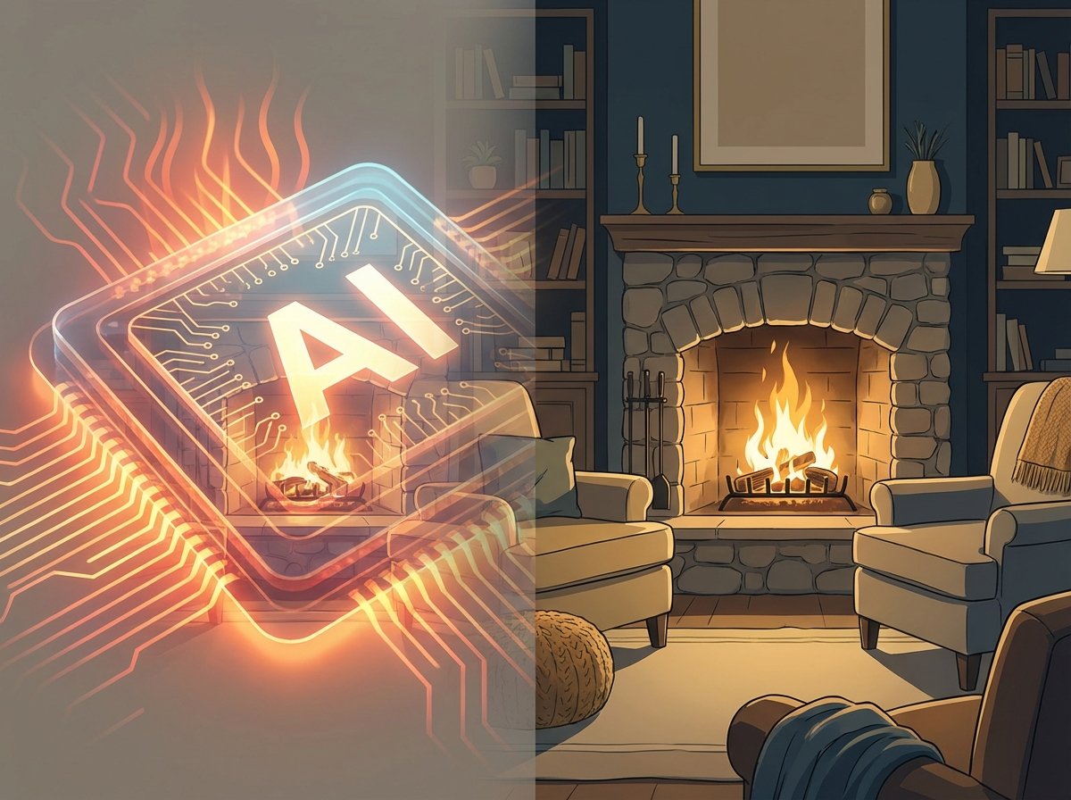 Conceptual illustration showing an AI processor glowing with heat transitioning into a warm domestic fireplace inside a cozy home, double exposure style, artistic and clean, 4:3