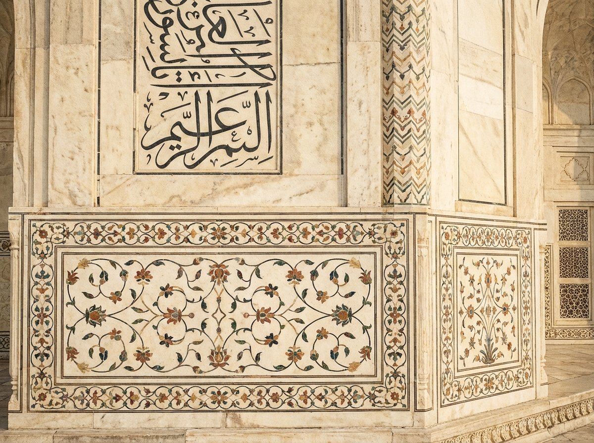 Close-up of the intricate marble inlay work and Islamic calligraphy on the walls of the Taj Mahal, showcasing perfect symmetry and craftsmanship, UNESCO World Heritage architecture, artistic rendering, 4:3