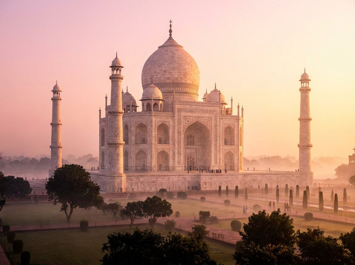 The Taj Mahal at sunrise with a soft pink and golden glow on the white marble surface, mystical atmosphere, warm lighting, Taj Mahal India, detailed texture, 4:3