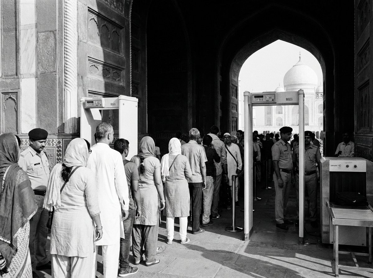 Tourists queuing at the entrance gate of the Taj Mahal, showing security check points, respectful atmosphere, high contrast, lifestyle photography, 4:3