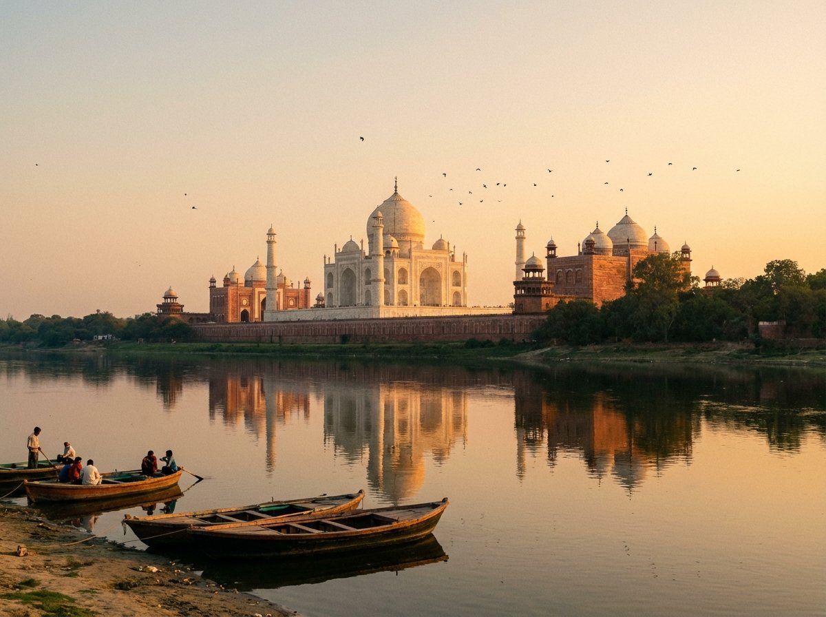 Distant view of the Taj Mahal from across the Yamuna River during sunset, golden hour lighting, peaceful composition, UNESCO World Heritage, 4:3