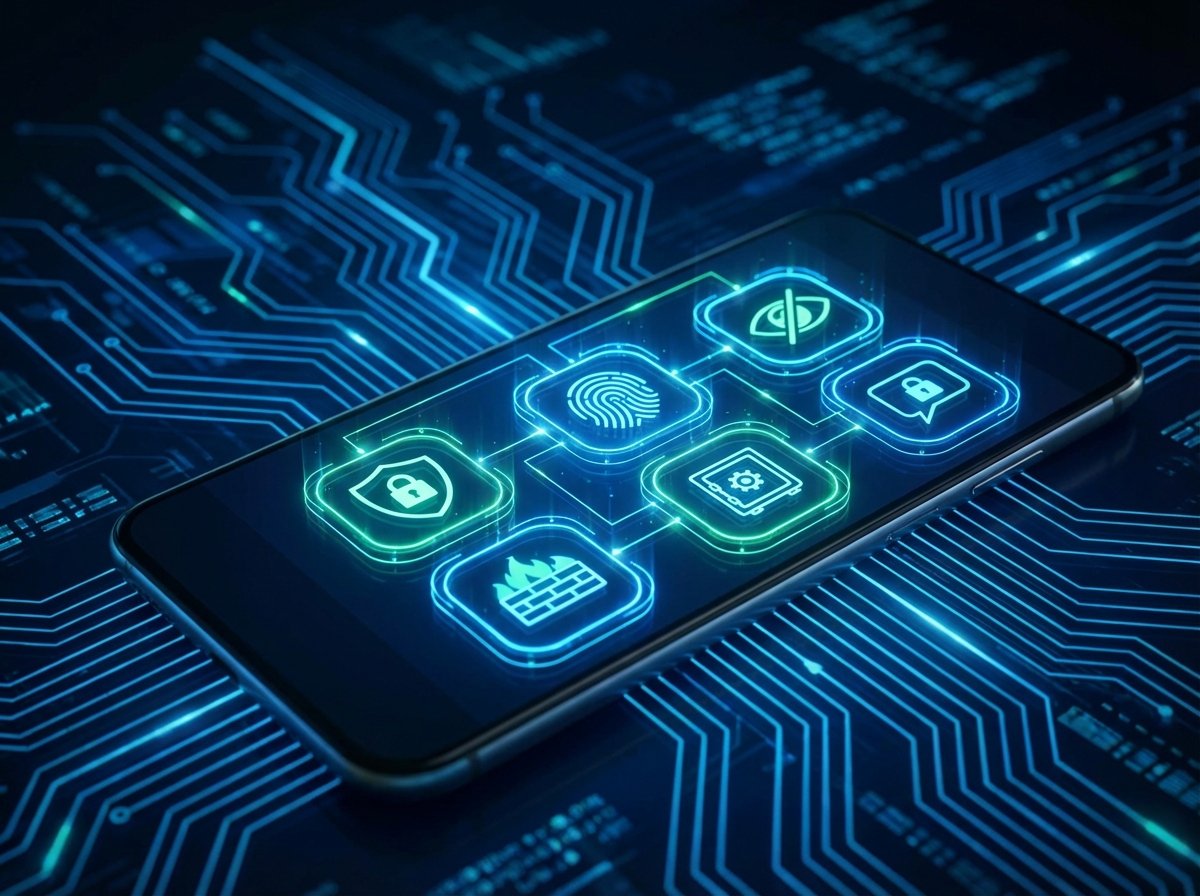 A smartphone display showing various app icons with a glowing digital interface, representing privacy and security concepts, set against a dark background with blue digital accents, 4:3