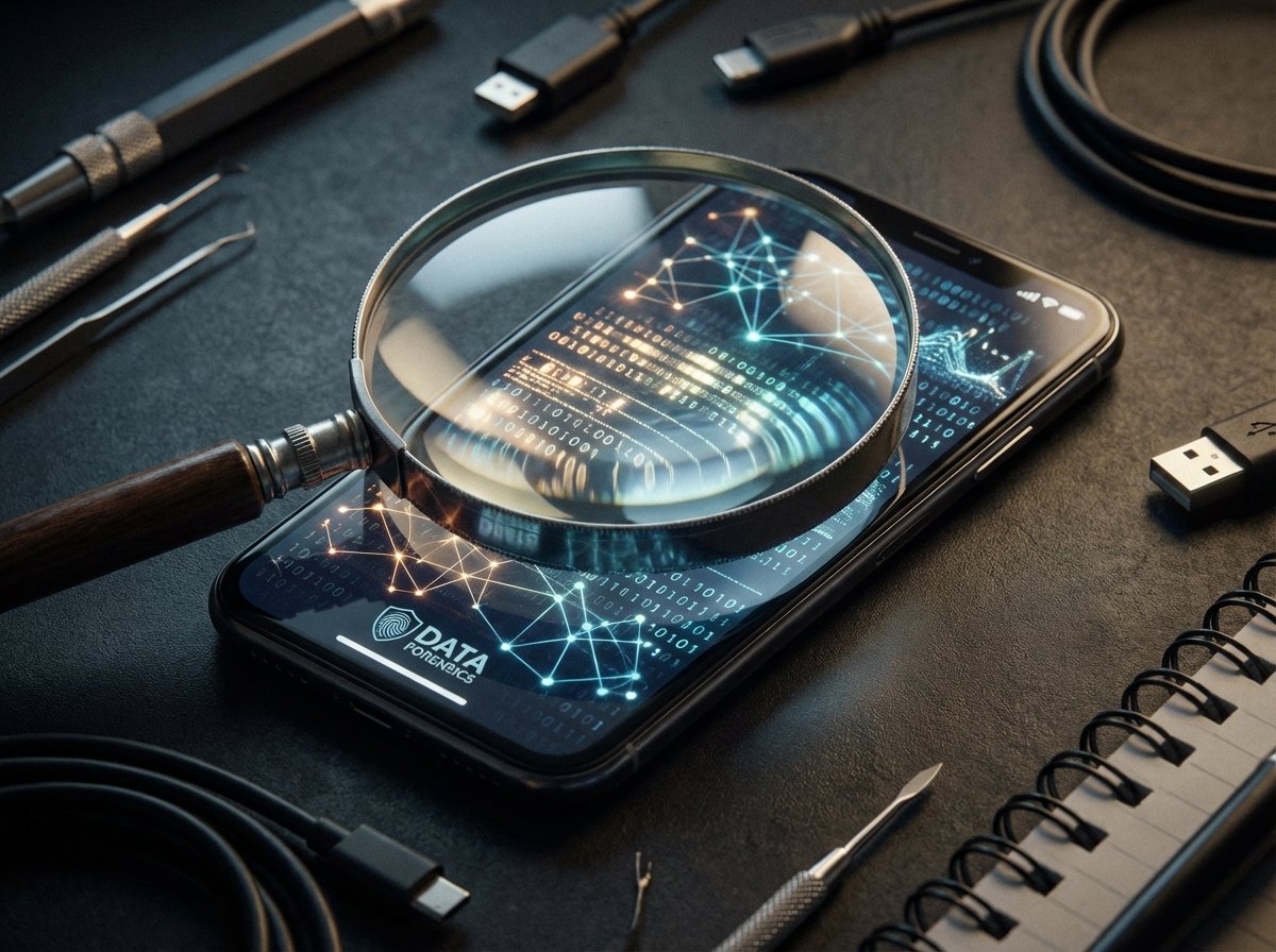 A magnifying glass inspecting a smartphone screen showing data patterns, representing digital investigation and analysis, professional studio lighting, 4:3