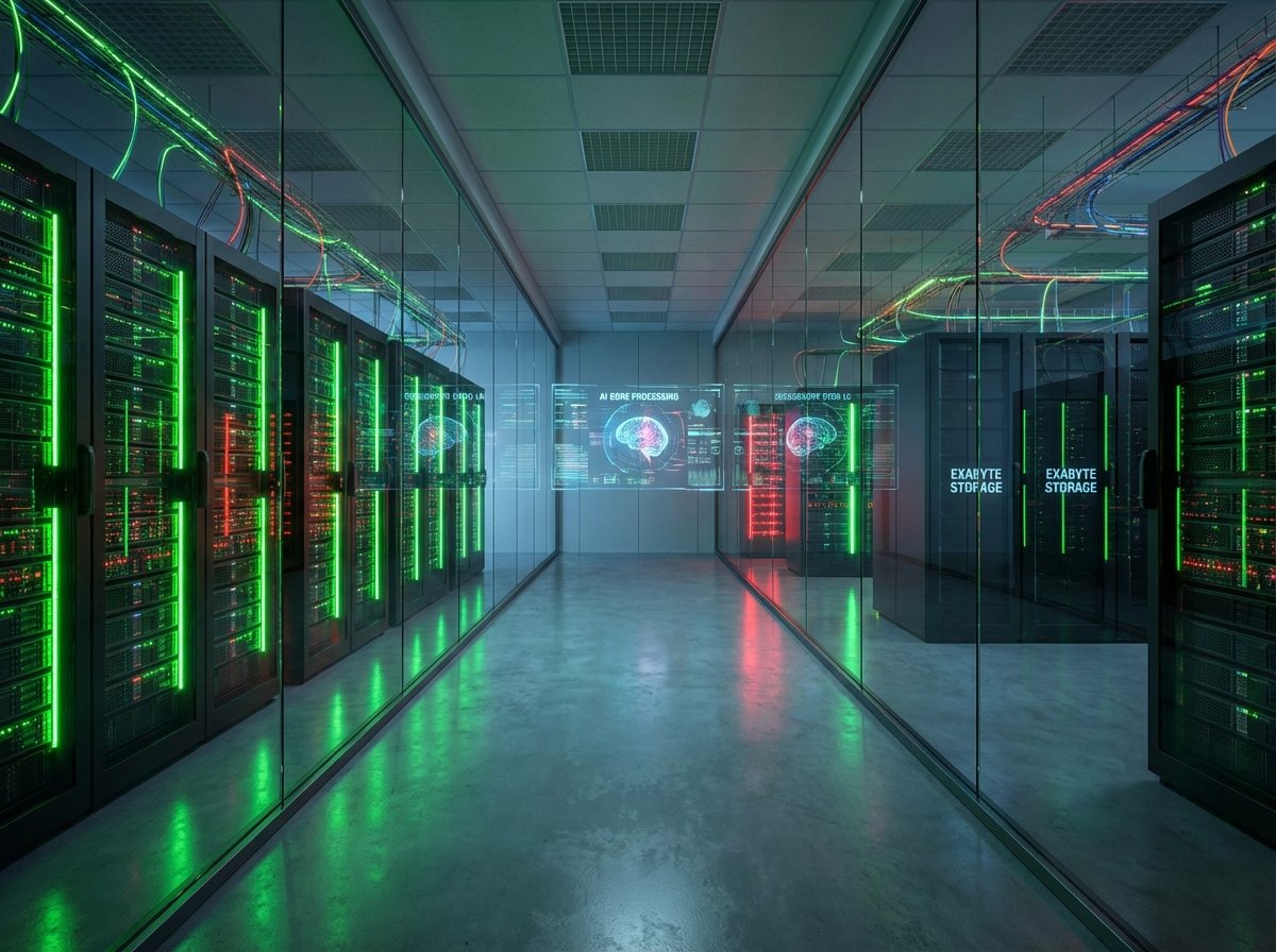 A modern high-tech server room with glowing green and red lights, representing AI processing and large scale data storage, wide angle perspective, 4:3