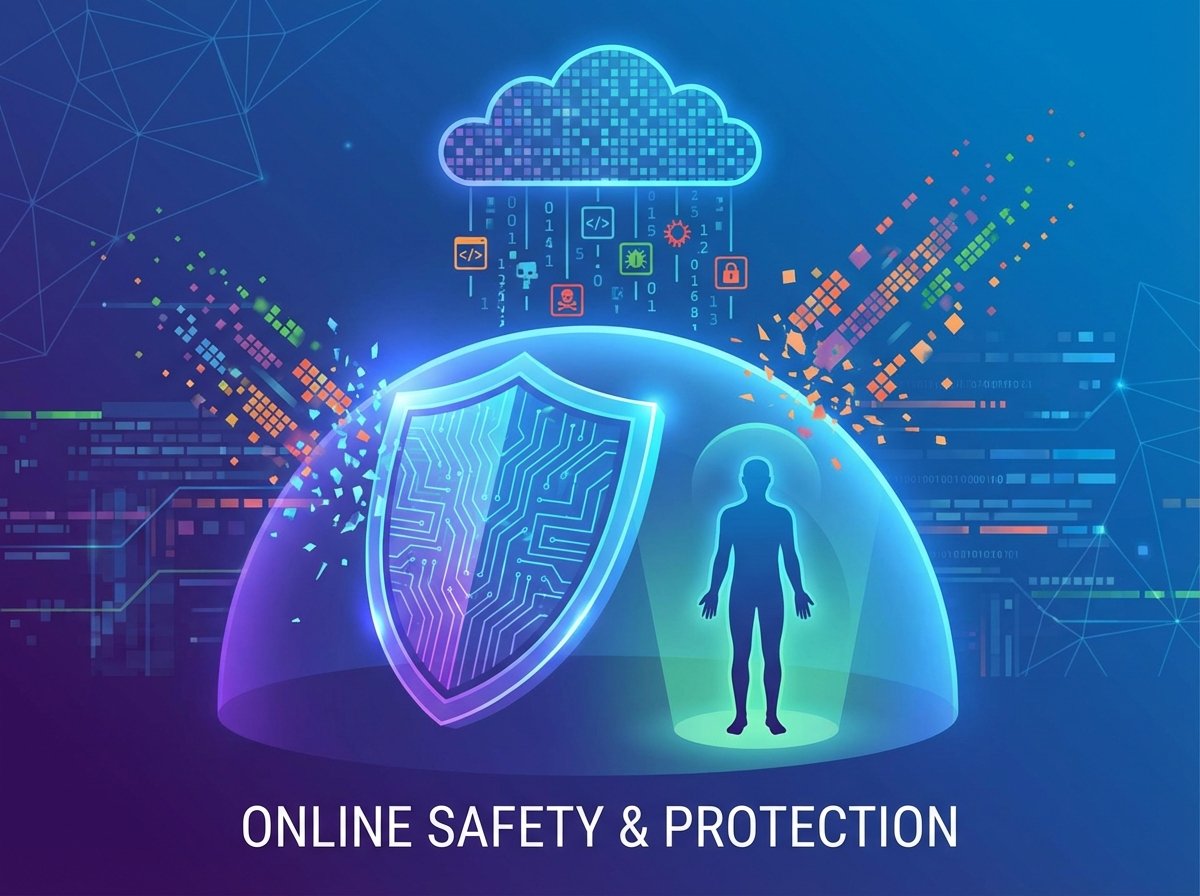 A conceptual illustration of a digital shield protecting a human silhouette from pixelated falling data, representing online safety and protection, modern flat vector style, 4:3