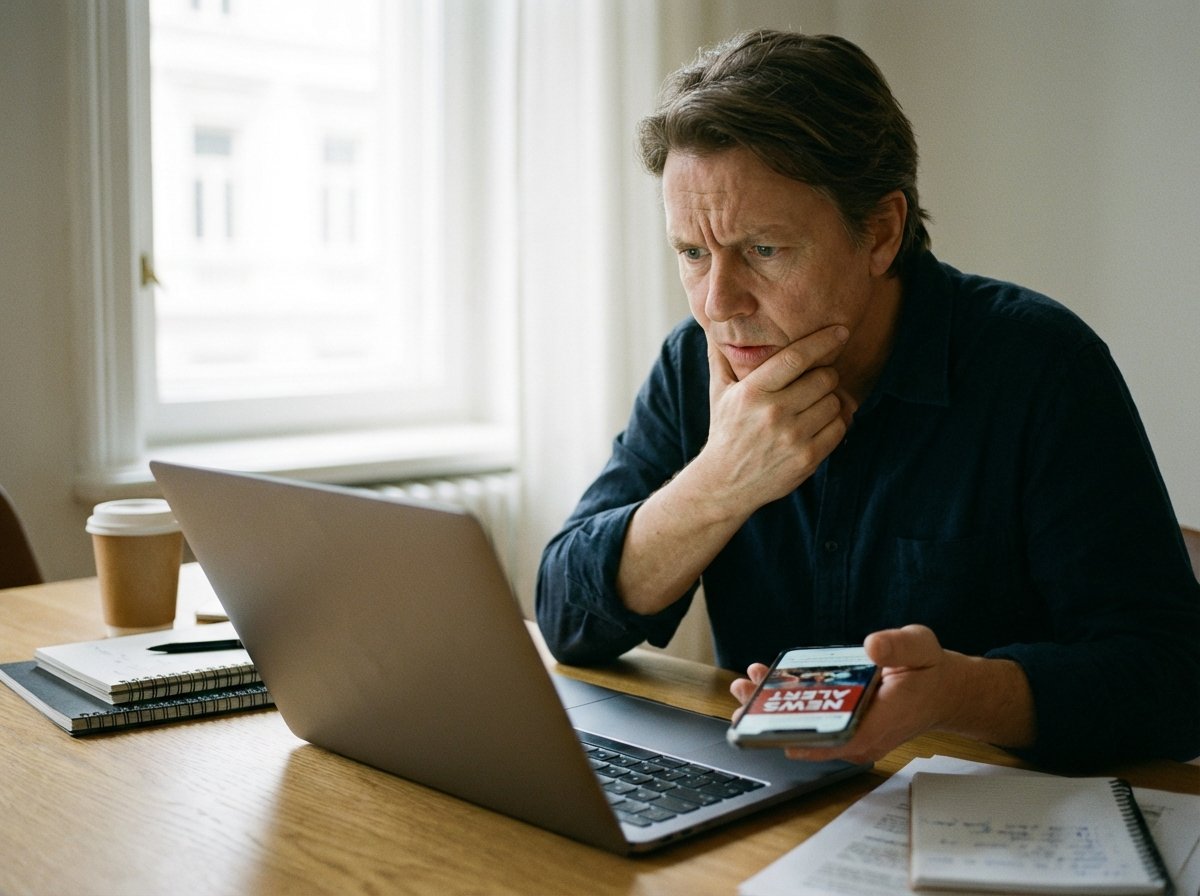 A person sitting at a desk with a laptop and smartphone, looking at the screen with a serious and concerned facial expression, natural soft indoor lighting, 4:3