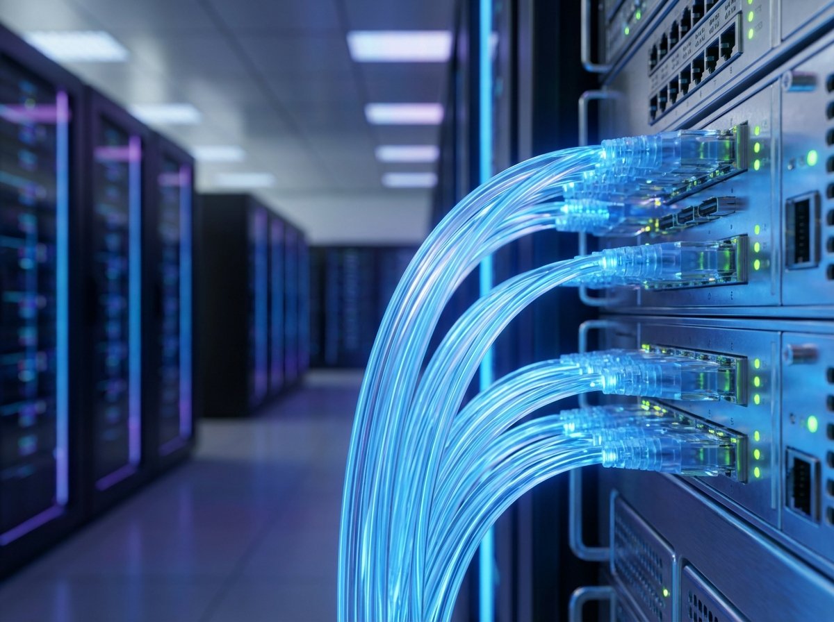 Close-up of glowing blue fiber optic cables connected to servers in a high-tech modern data center, futuristic atmosphere, high resolution, realistic lighting, 4:3