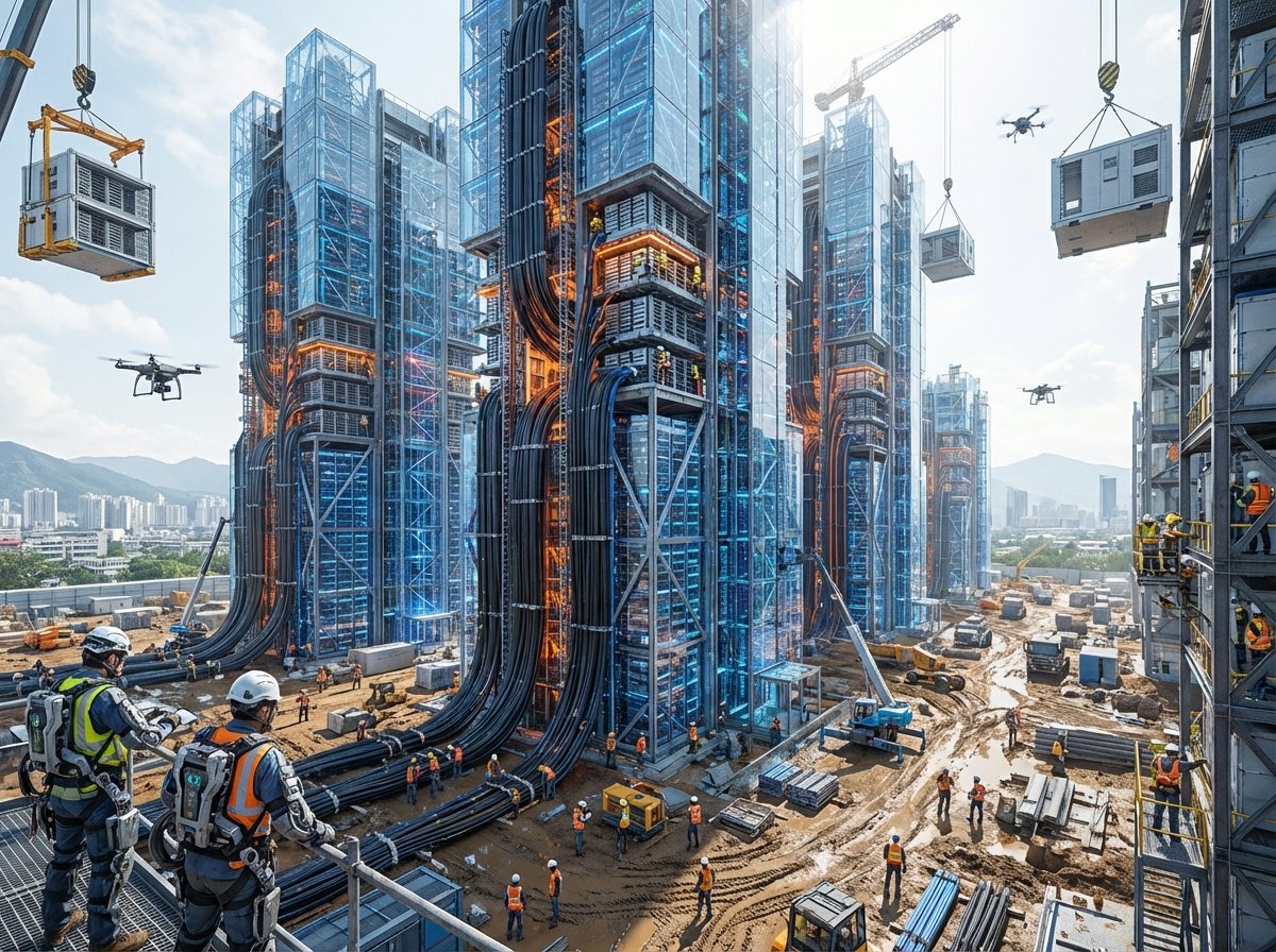 Construction site of a massive futuristic data center with workers installing networking infrastructure, daylight, detailed environment, 4:3