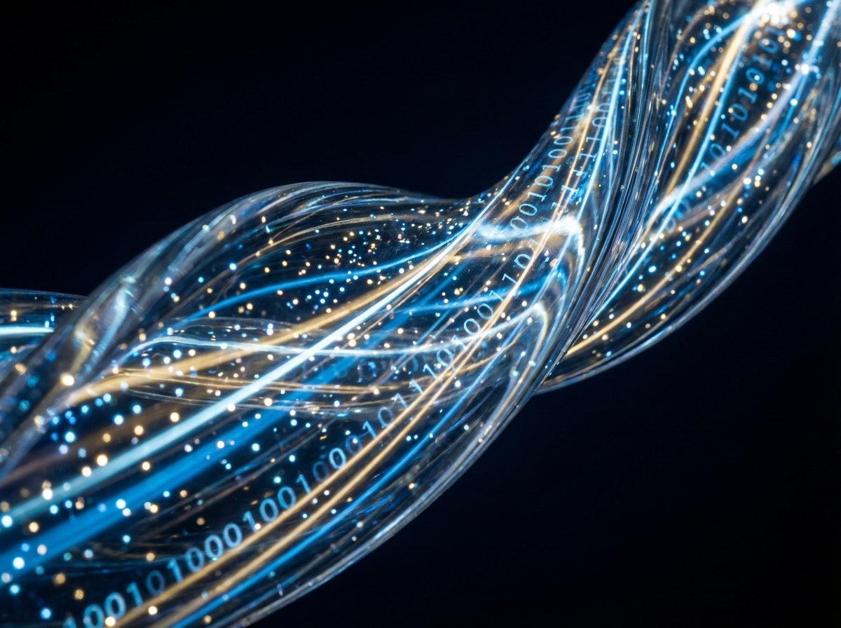 Abstract representation of light photons traveling through a glass fiber, digital streams, glowing particles, high contrast, 4:3