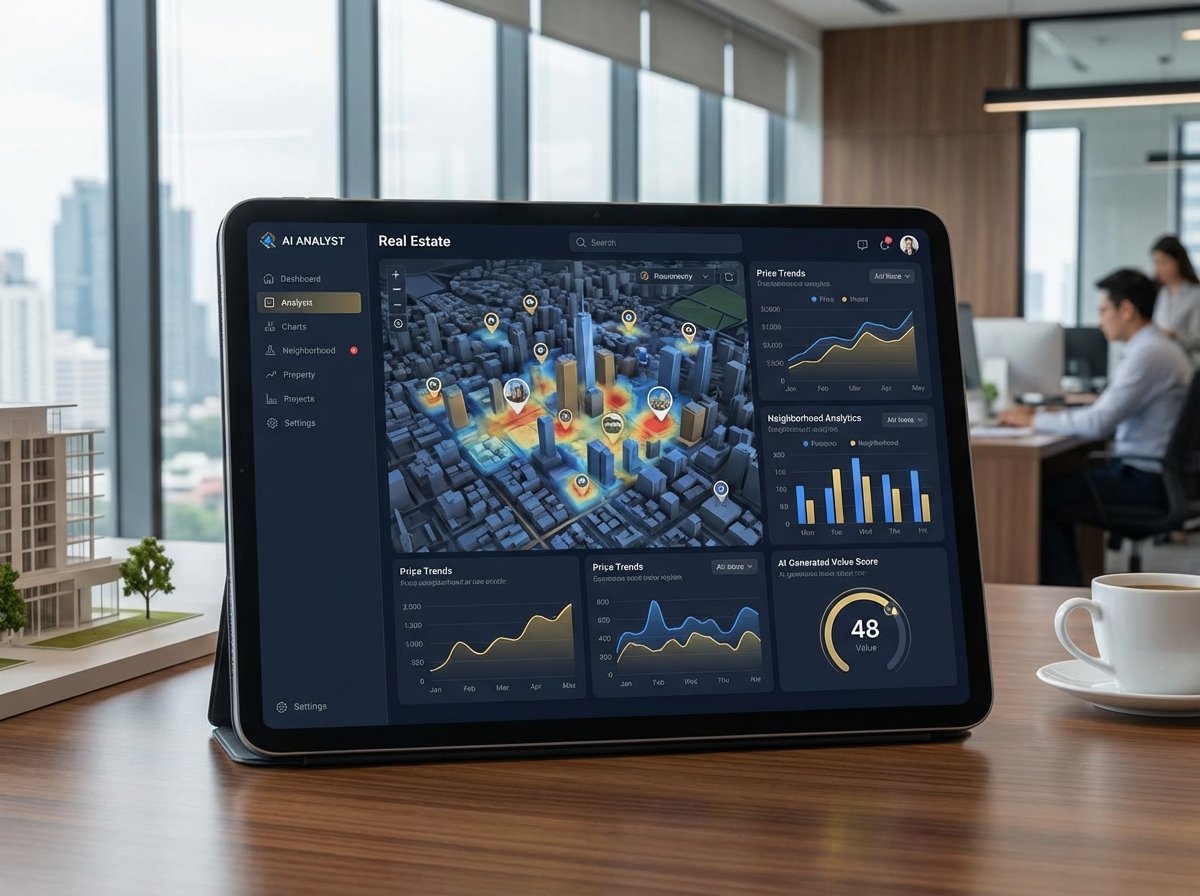 A sleek modern interface of an AI real estate analysis tool on a tablet, showing maps and data charts, professional office background, 4:3