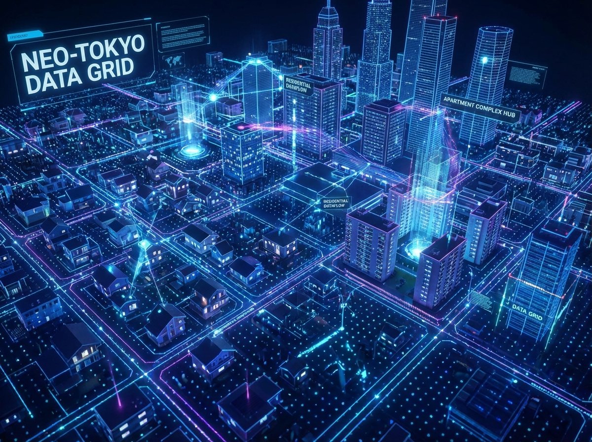 A network of digital data points connecting various types of houses and apartment buildings across a city map, high-tech visualization, 4:3