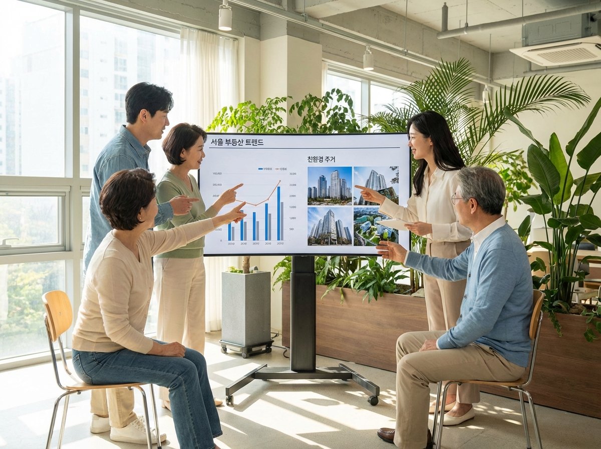 A diverse group of Korean people looking at a screen together, discussing real estate investment trends, natural lighting, lifestyle photography, 4:3