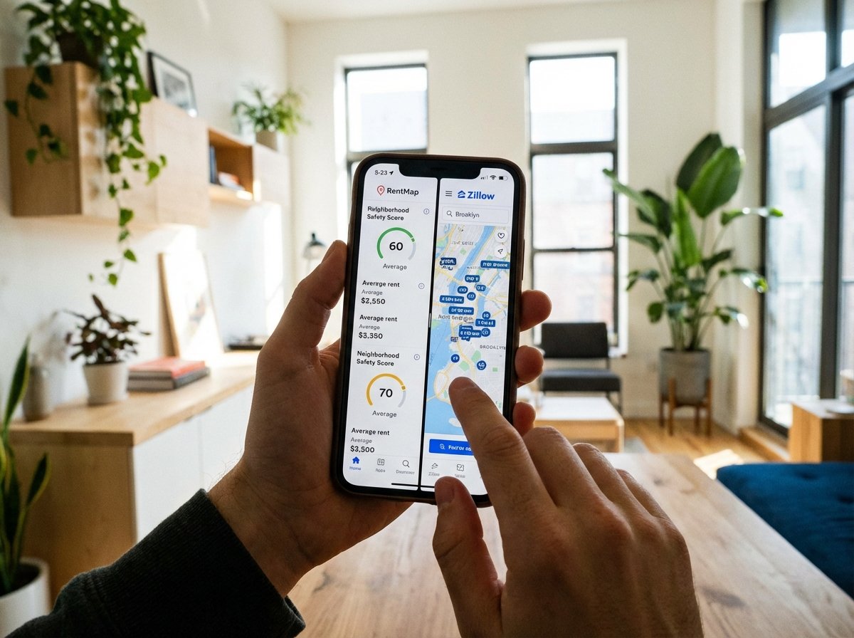 A close-up of a person using a smartphone to compare rental prices and neighborhood data, bright and clean indoor setting, 4:3