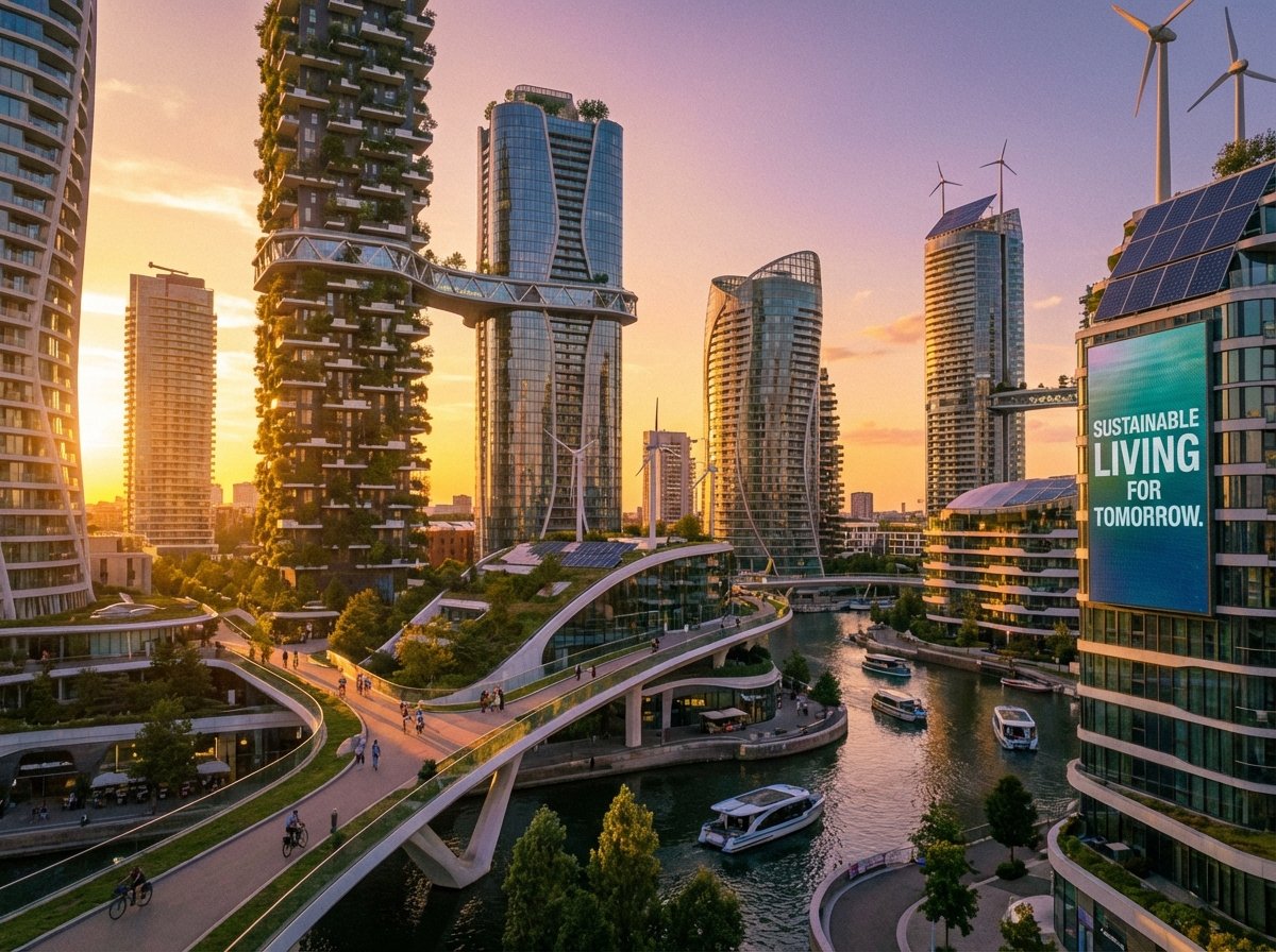 A panoramic view of a modern urban residential district at sunset, representing the future of real estate development, high quality photography, 4:3