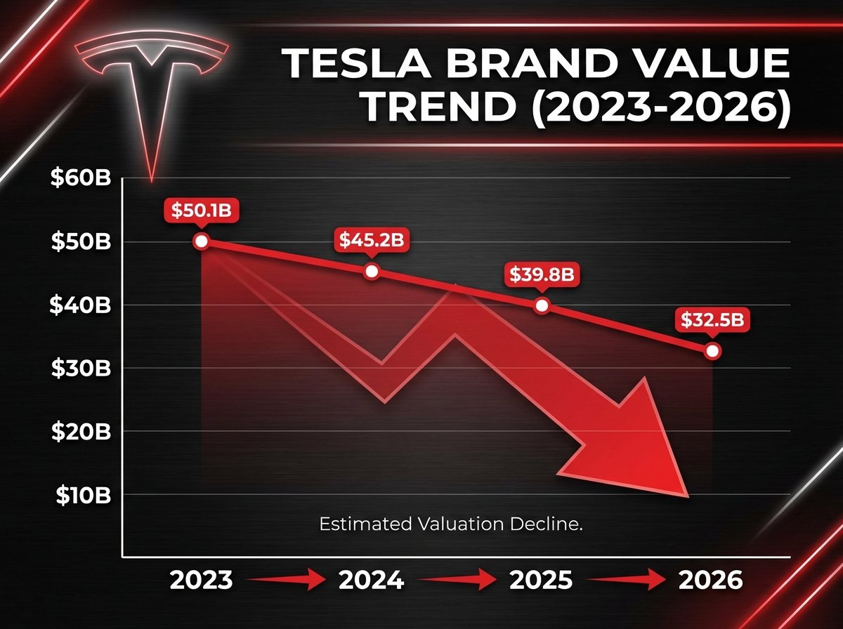 A modern clean infographic showing a downward trend of Tesla Brand Value from 2023 to 2026. The chart uses red and white colors against a dark sleek background with the Tesla logo subtly integrated. High contrast, professional business style. 4:3