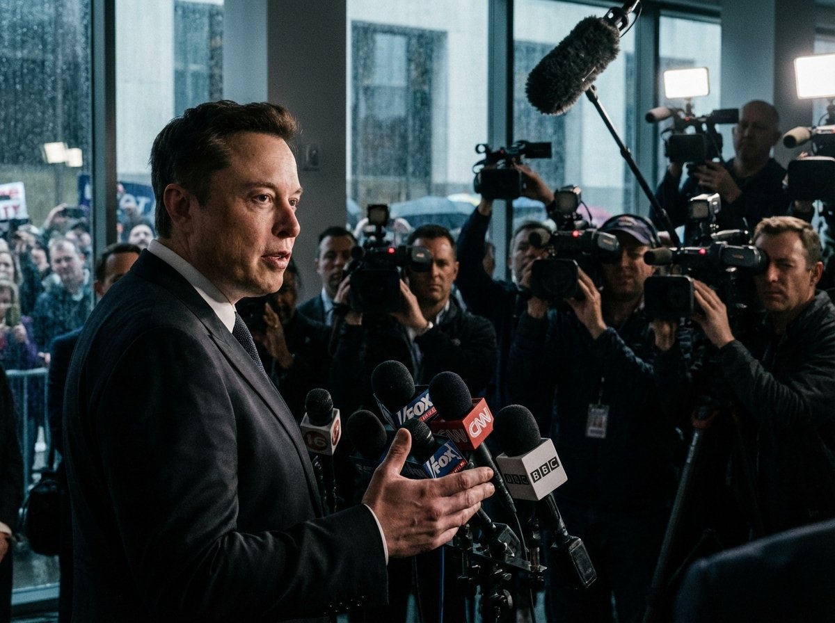A professional photograph of a high-profile tech CEO speaking at a political event with microphones and news cameras. The lighting is cinematic and dramatic, capturing a serious atmosphere. Realistic lifestyle photography. 4:3