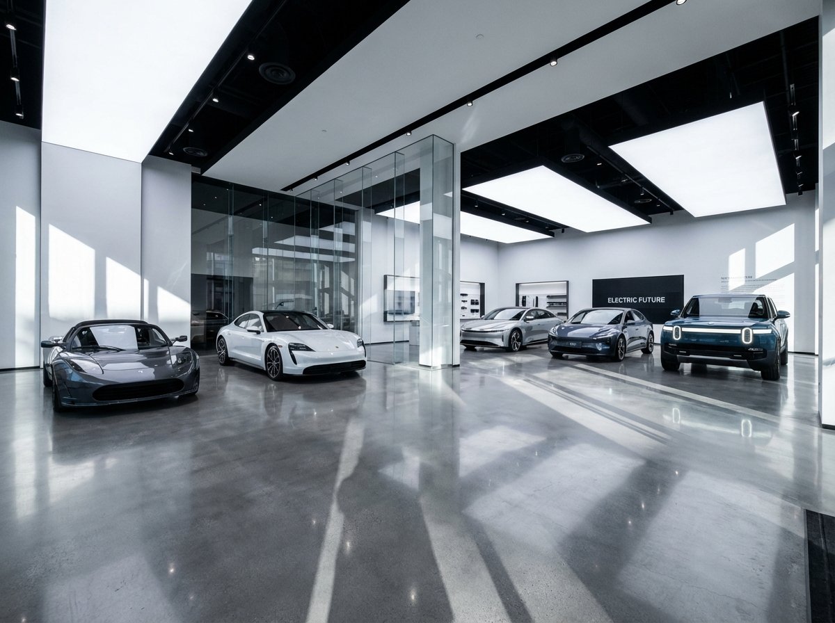 A wide shot of a modern brightly lit electric vehicle showroom featuring various sleek car models from different global brands. The floor is polished and reflects the professional lighting. High contrast and clean composition. 4:3