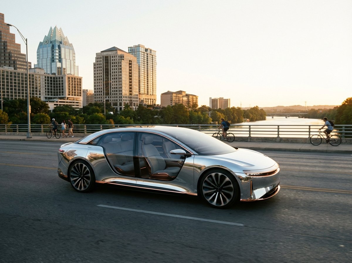 A realistic scene of a sleek futuristic autonomous car driving on a clean city street in Austin, Texas during golden hour. No driver is visible inside. Warm lighting, professional photography. 4:3