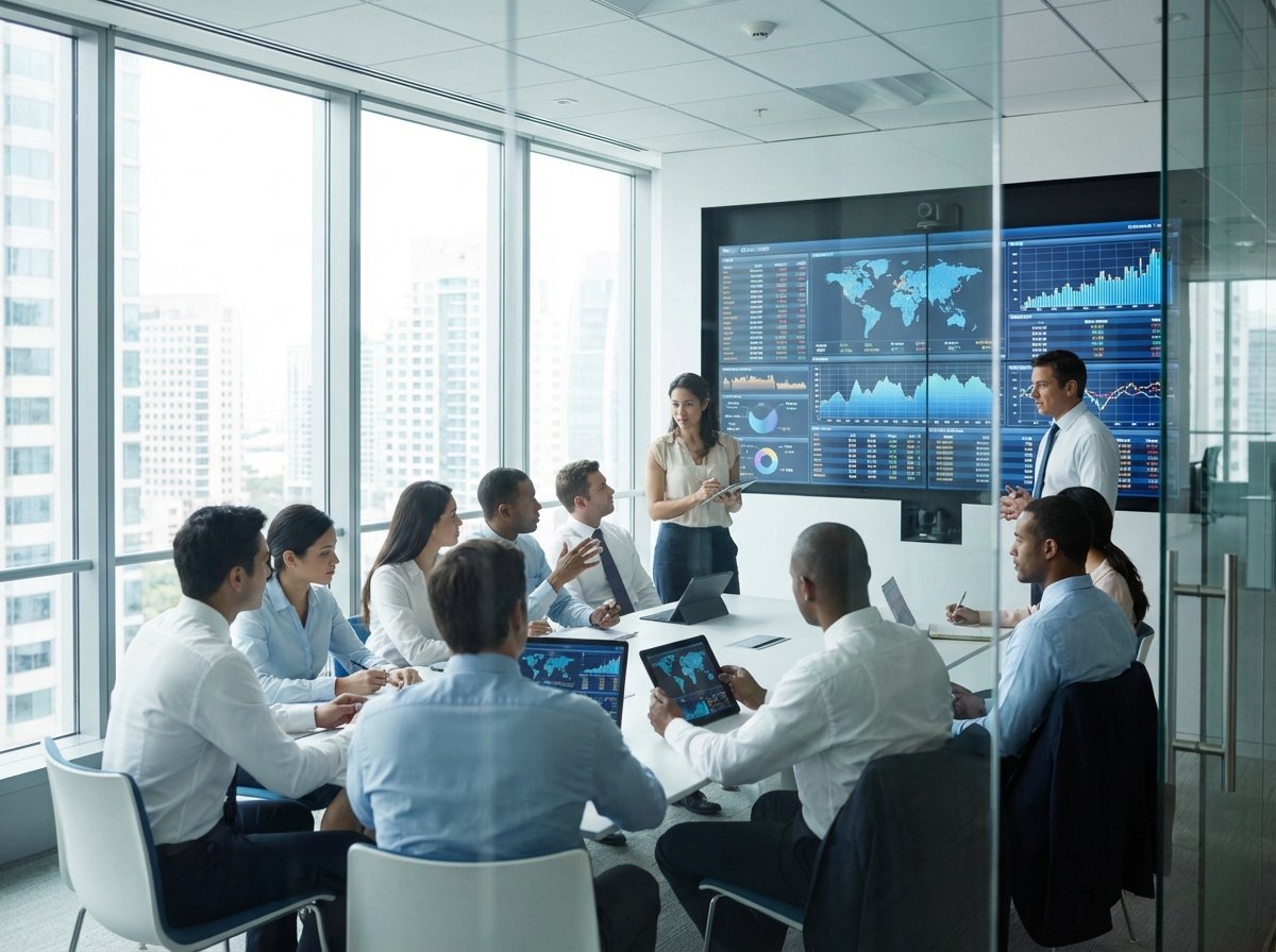 A diverse group of professional executives in a modern glass-walled conference room looking at digital screens with complex data. Natural light, focused and collaborative atmosphere. 4:3