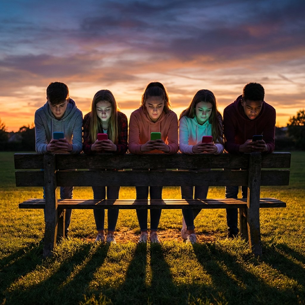 A group of teenagers sitting on a park bench, all deeply focused on their colorful smartphone screens, sunset lighting, high contrast, lifestyle photography, 1:1