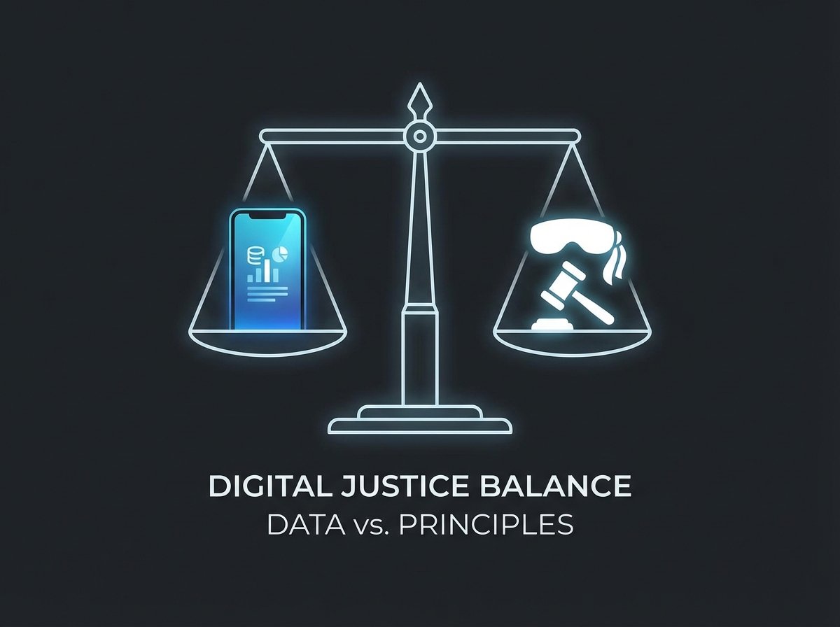 A modern layout showing a balance scale with a smartphone on one side and a symbol of justice on the other, high contrast, clean infographic style, 4:3