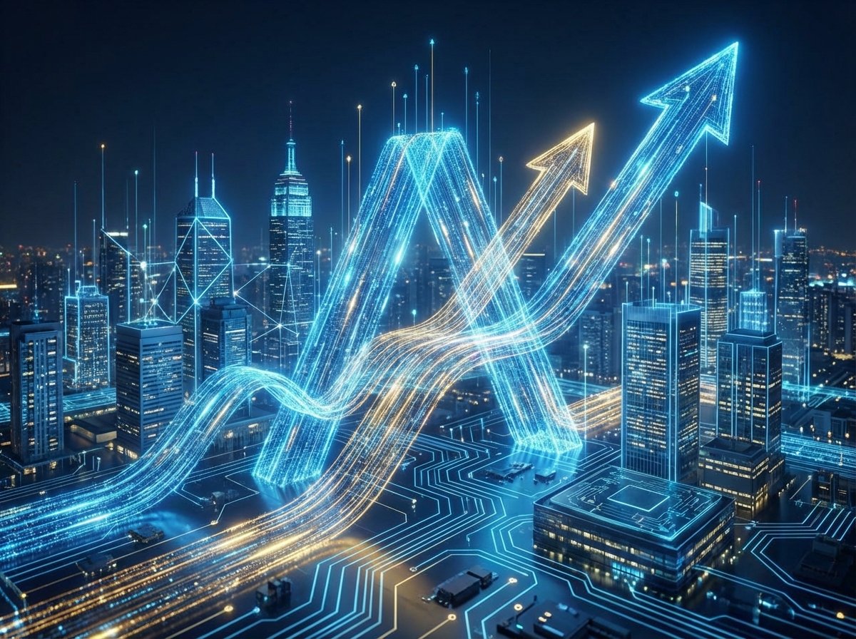 A high-tech digital visualization representing global financial growth and artificial intelligence. Glowing blue and gold data streams forming upward arrows against a backdrop of a futuristic city skyline. The composition is modern and high-contrast, symbolizing the scale of 350 billion dollars in the Anthropic fundraising context. No text. 4:3