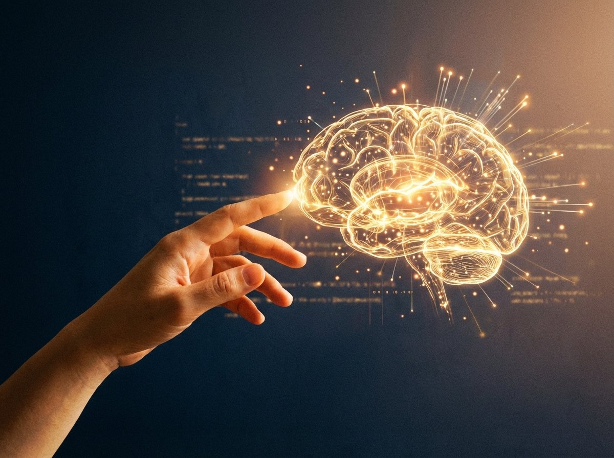 A conceptual and detailed composition showing a human hand reaching towards a glowing digital brain structure made of light and connections. Warm and inspiring lighting against a dark navy textured background. Represents the synergy between human intelligence and AI. 4:3