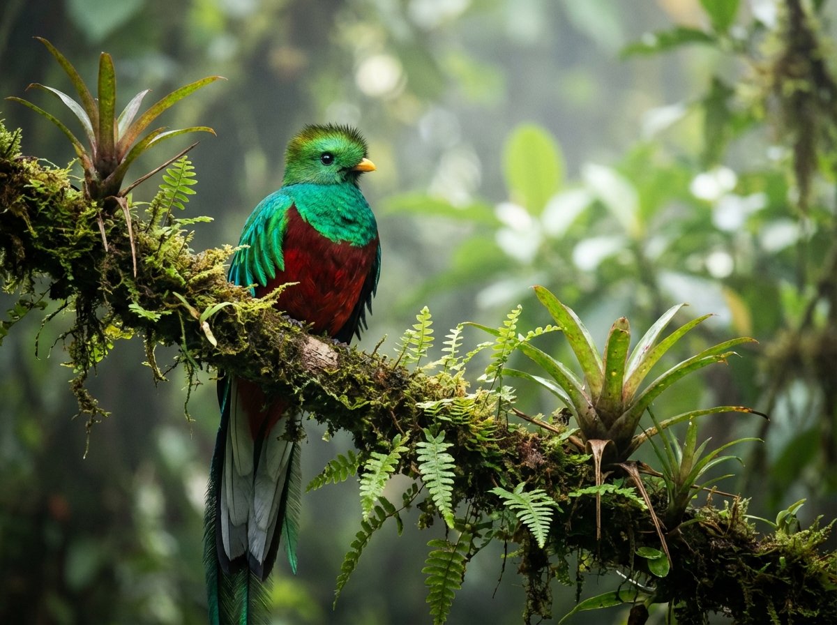 Close-up of a vibrant Resplendent Quetzal perched on a mossy branch inside the dense cloud forest of La Amistad National Park. The bird has emerald green feathers and a bright red chest. The background is a soft-focus lush green jungle. High contrast, realistic nature photography. 4:3