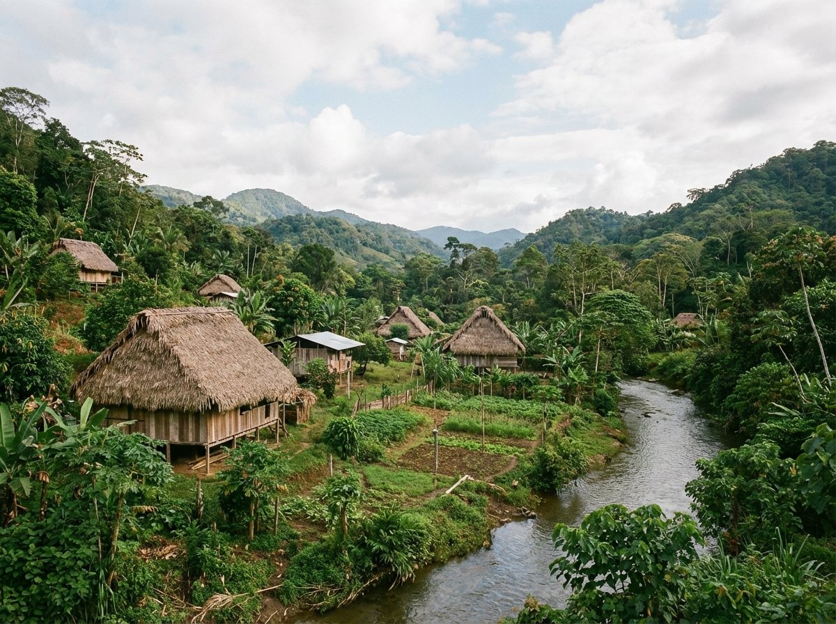 A small, traditional indigenous village nestled in a valley within the Talamanca mountains. Simple wooden houses with thatched roofs surrounded by small agricultural plots and dense jungle. The scene conveys a sense of harmony between humans and nature. Realistic style, soft natural lighting. 4:3