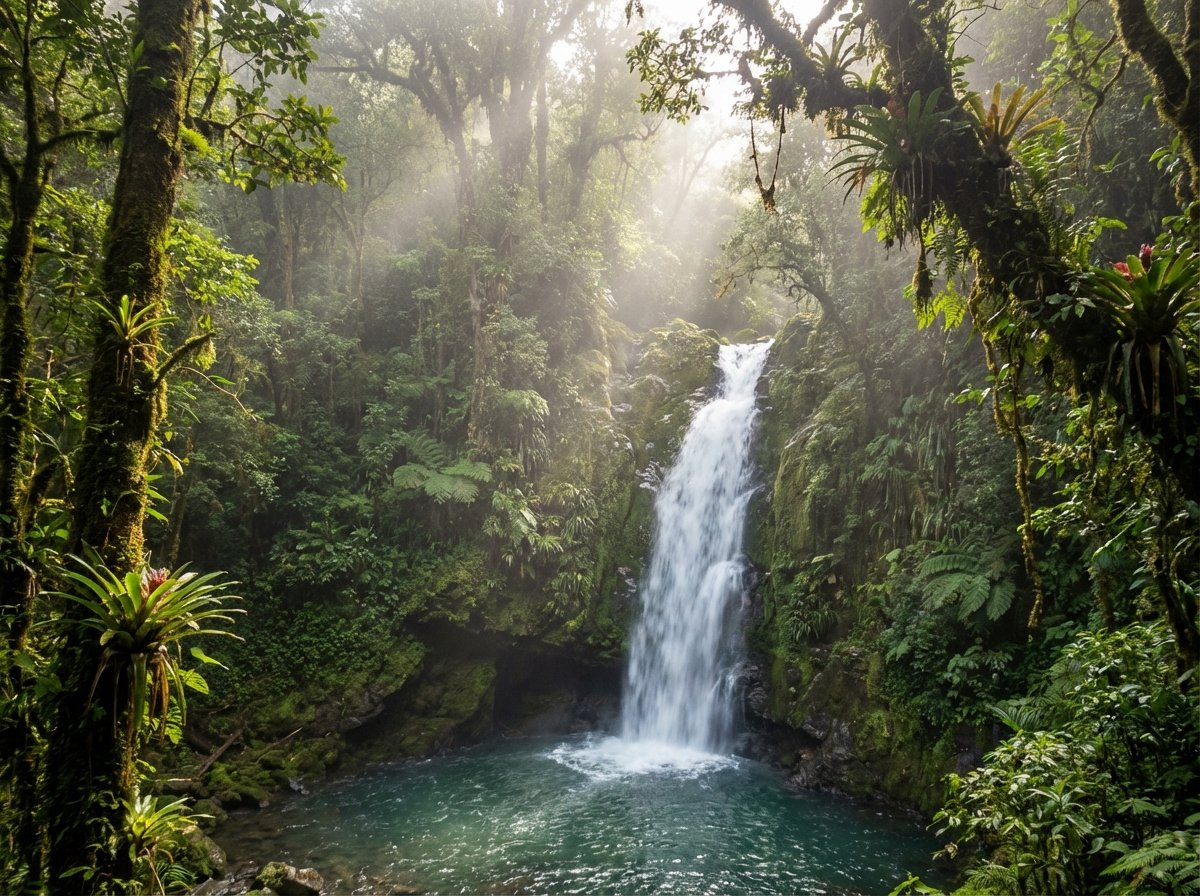 A majestic hidden waterfall cascading down a moss-covered cliff deep within the rainforest of La Amistad Reserves. Crystal clear water falling into a turquoise pool. Sunlight filters through the dense canopy, creating a magical atmosphere. Realistic landscape photography. 4:3