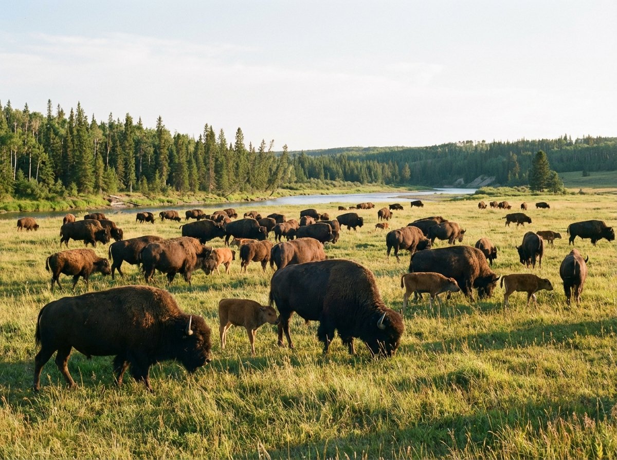A group of massive wood bison grazing in a meadow at Wood Buffalo National Park during summer sunlight high quality photography 4:3