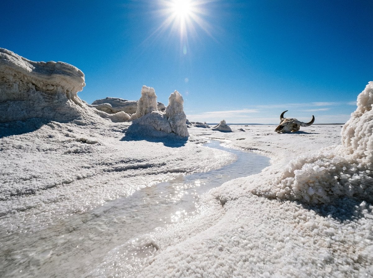 Surreal white salt plains landscape under a bright blue sky in Wood Buffalo National Park with salt crystals sparkling in the sun 4:3