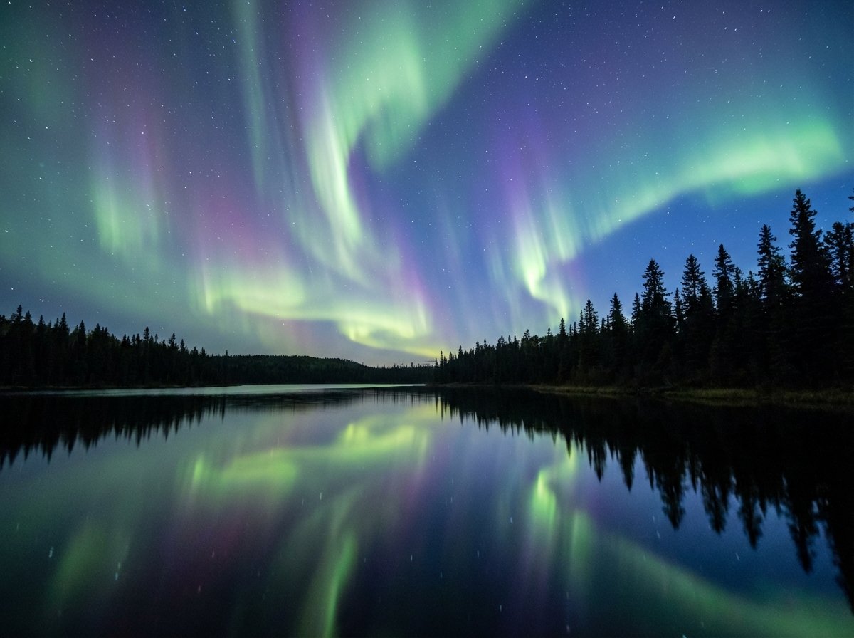 Vibrant aurora borealis dancing over a dark forest and calm lake in Wood Buffalo National Park at night starry sky 4:3