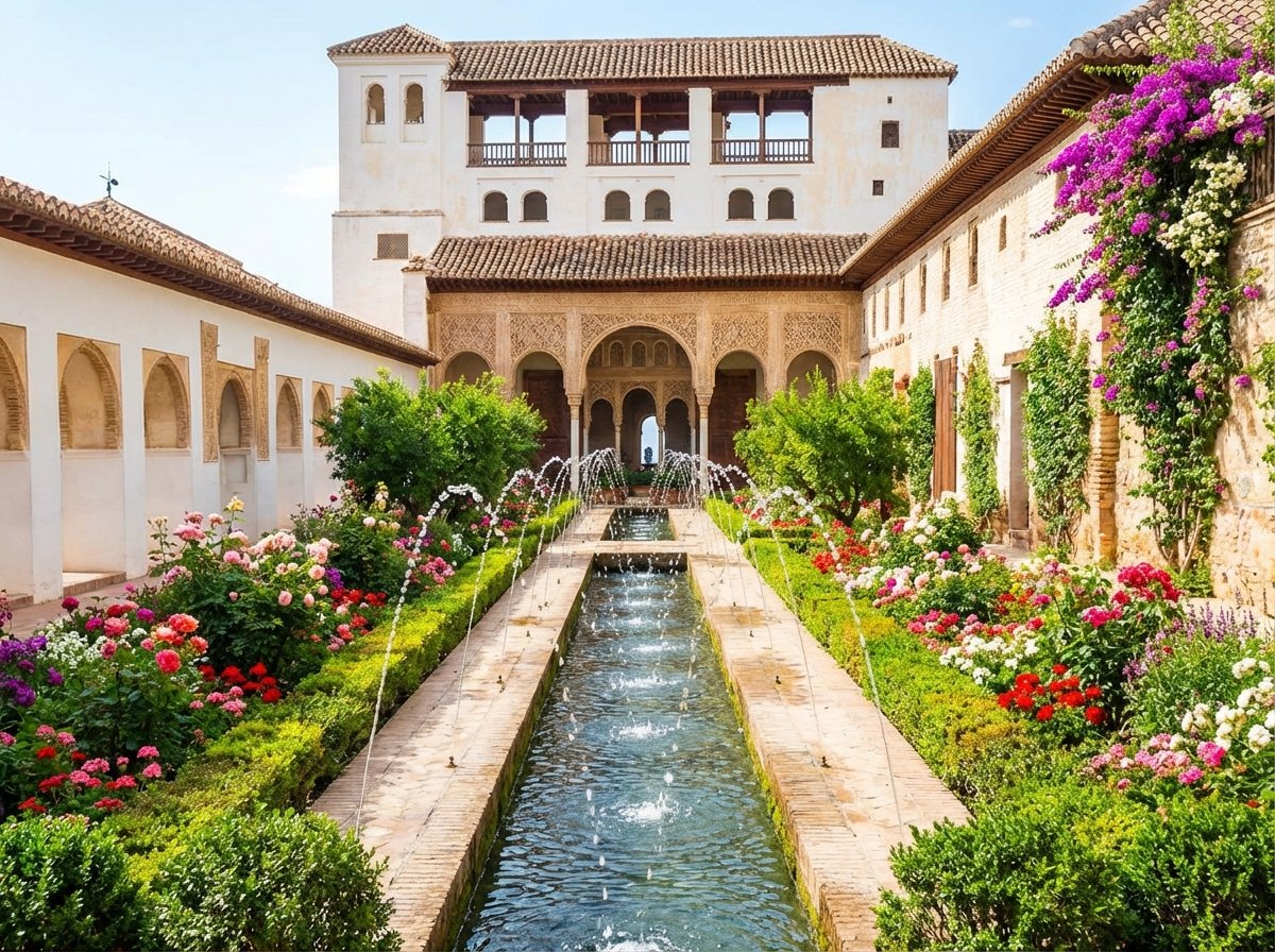 The Patio de la Acequia in the Generalife gardens with fountains, colorful flowers, and Moorish architecture, bright and balanced lighting, 4:3