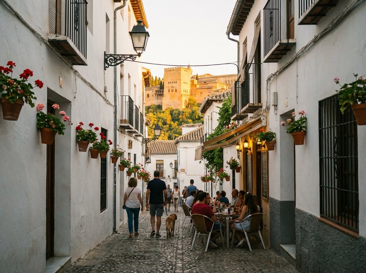A narrow white-washed street in the Albayzin district of Granada with the Alhambra in the distant background during sunset, warm lighting, lifestyle photography, 4:3