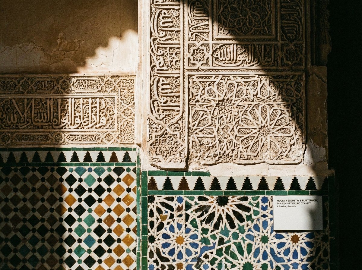 Close-up of intricate Moorish geometric patterns and carved plaster work on a wall in the Alhambra, high contrast, informational style, 4:3