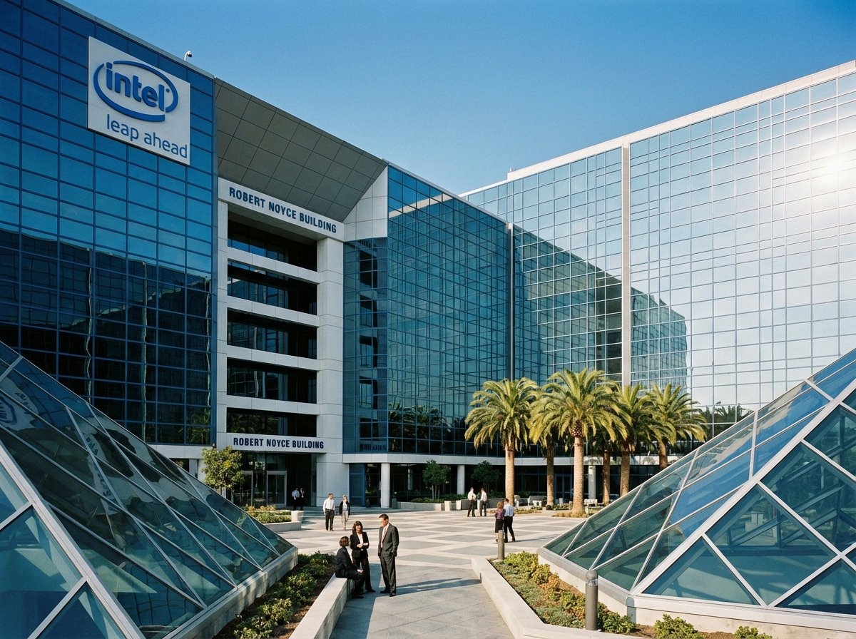 The Intel headquarters building in Santa Clara, California, showing the iconic logo on a clear day with modern architectural details and professional atmosphere, high-quality architectural photography. 4:3